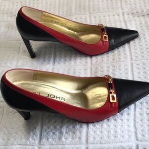 St. John Red and Black Leather Pointed Toe Heels